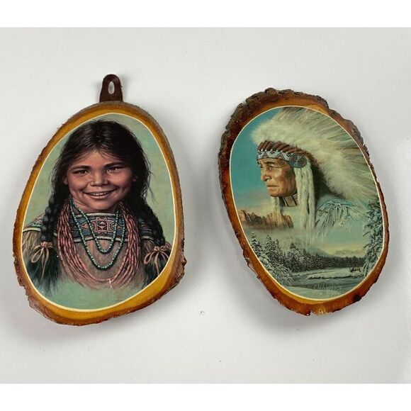 Vintage Bill Hampton Native American Prints on Wood - Pair of 2  5x7x1 CN0851 - Picture 1 of 8